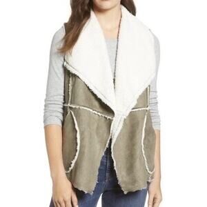 Caslon Vest Green Size Small Faux Suede Cream Shearling Open Pointed Hem